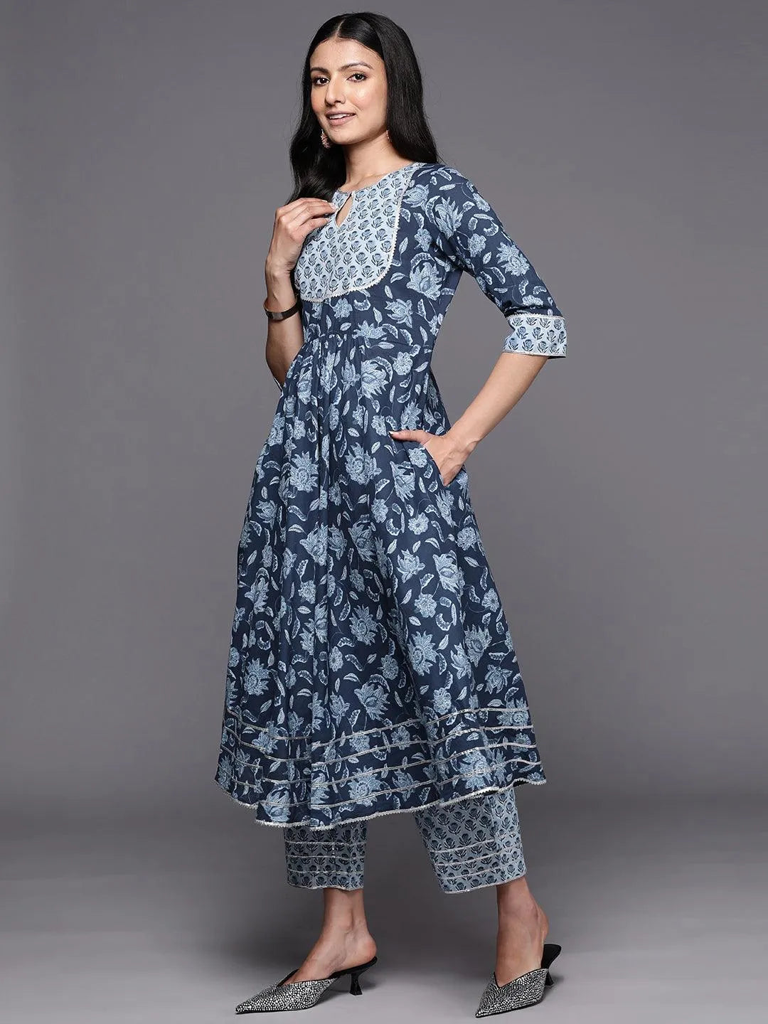 Blue Yoke Design Cotton Anarkali Suit Set With Trousers - Libas