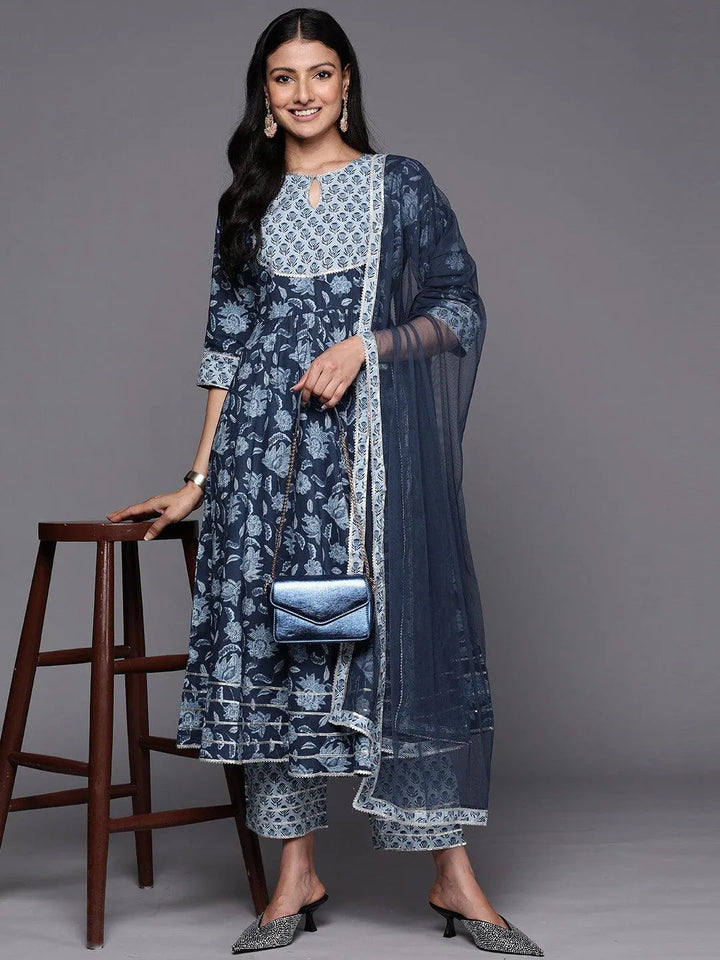 Blue Yoke Design Cotton Anarkali Suit Set With Trousers - Libas