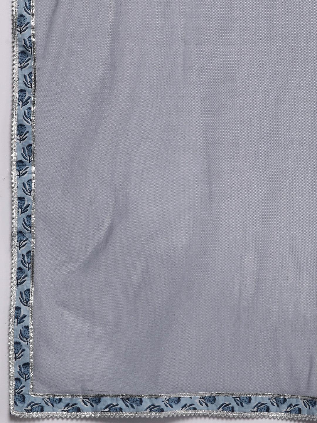 Blue Yoke Design Cotton Anarkali Suit Set With Trousers - Libas