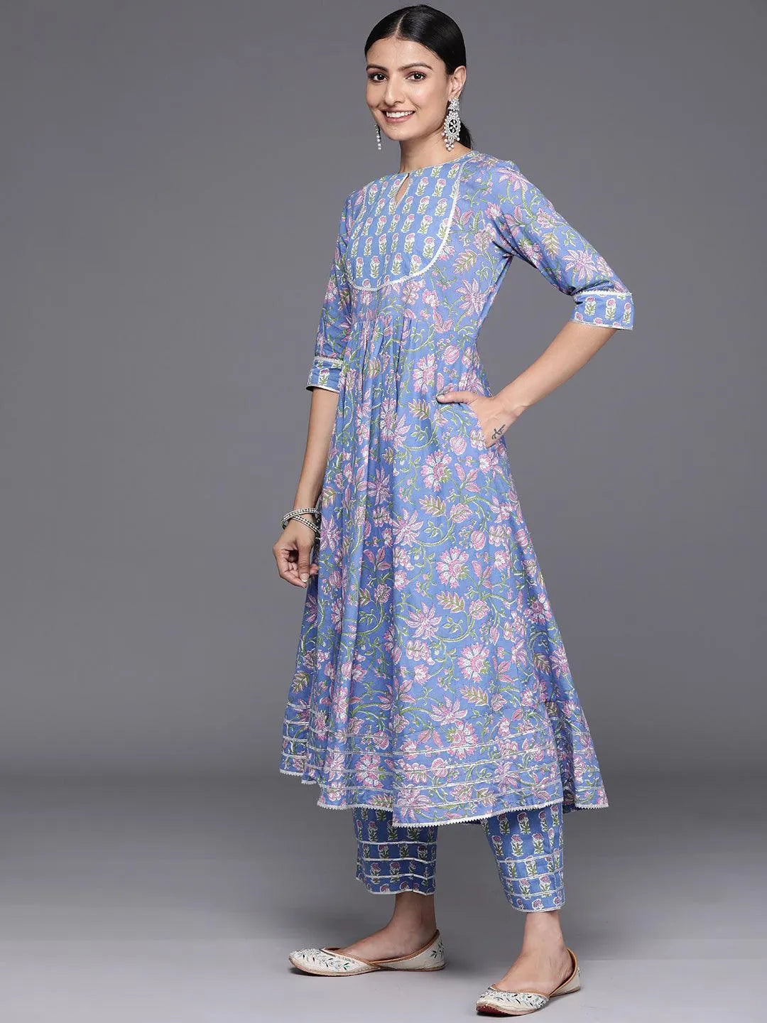 Blue Yoke Design Cotton Anarkali Kurta With Trousers & Dupatta - Libas 