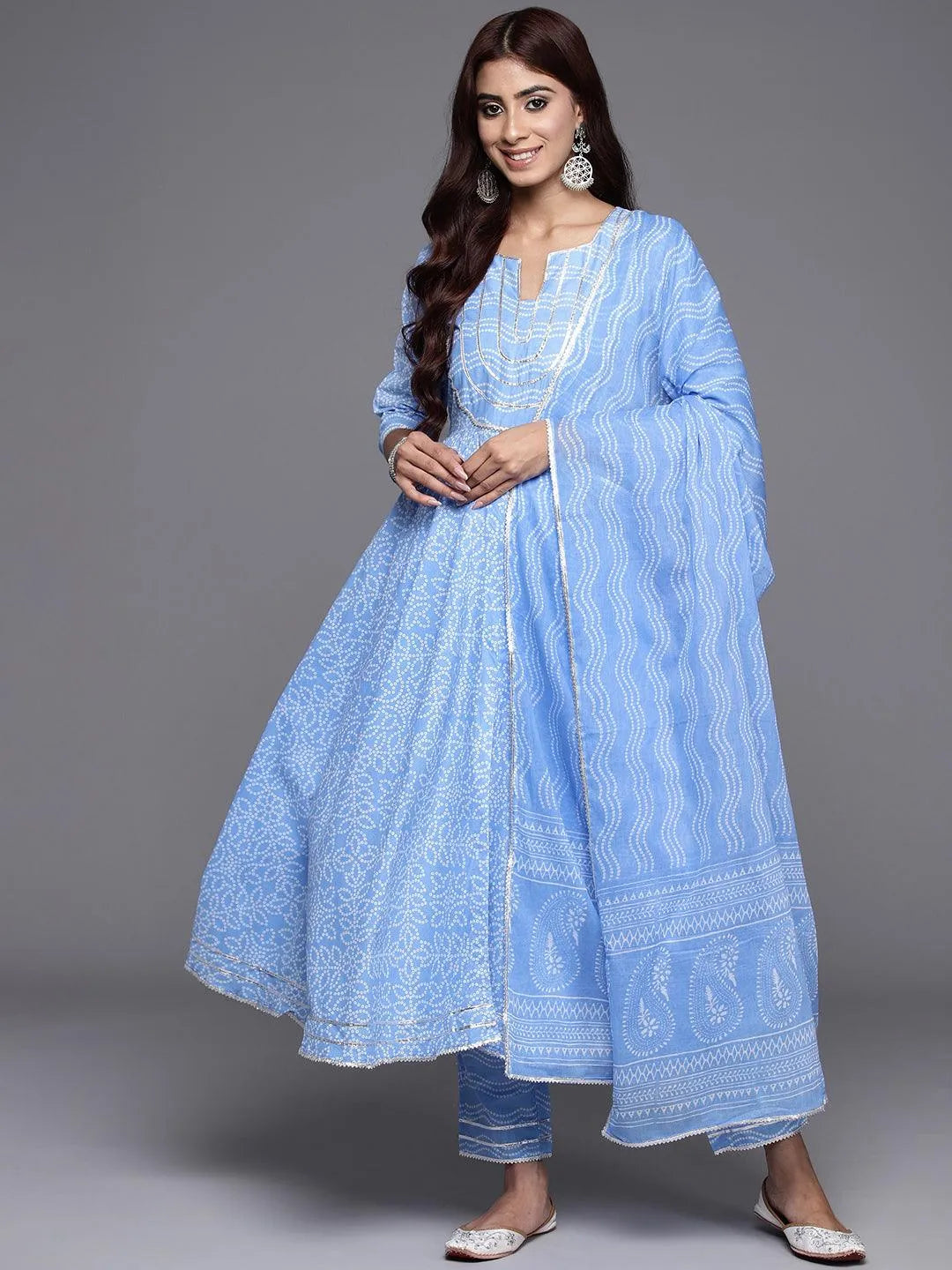 Blue Yoke Design Cotton Anarkali Kurta With Trousers & Dupatta - Libas 