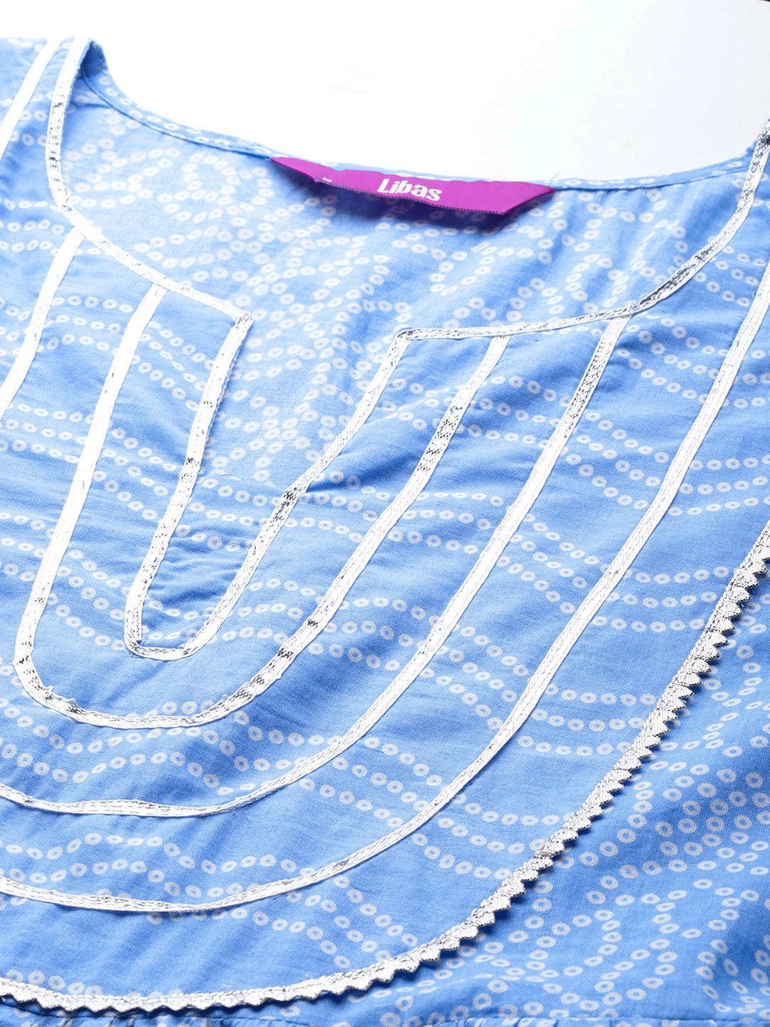 Blue Yoke Design Cotton Anarkali Kurta With Trousers & Dupatta