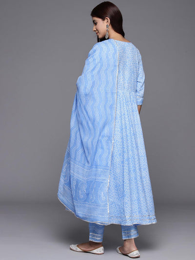 Blue Yoke Design Cotton Anarkali Kurta With Trousers & Dupatta - Libas