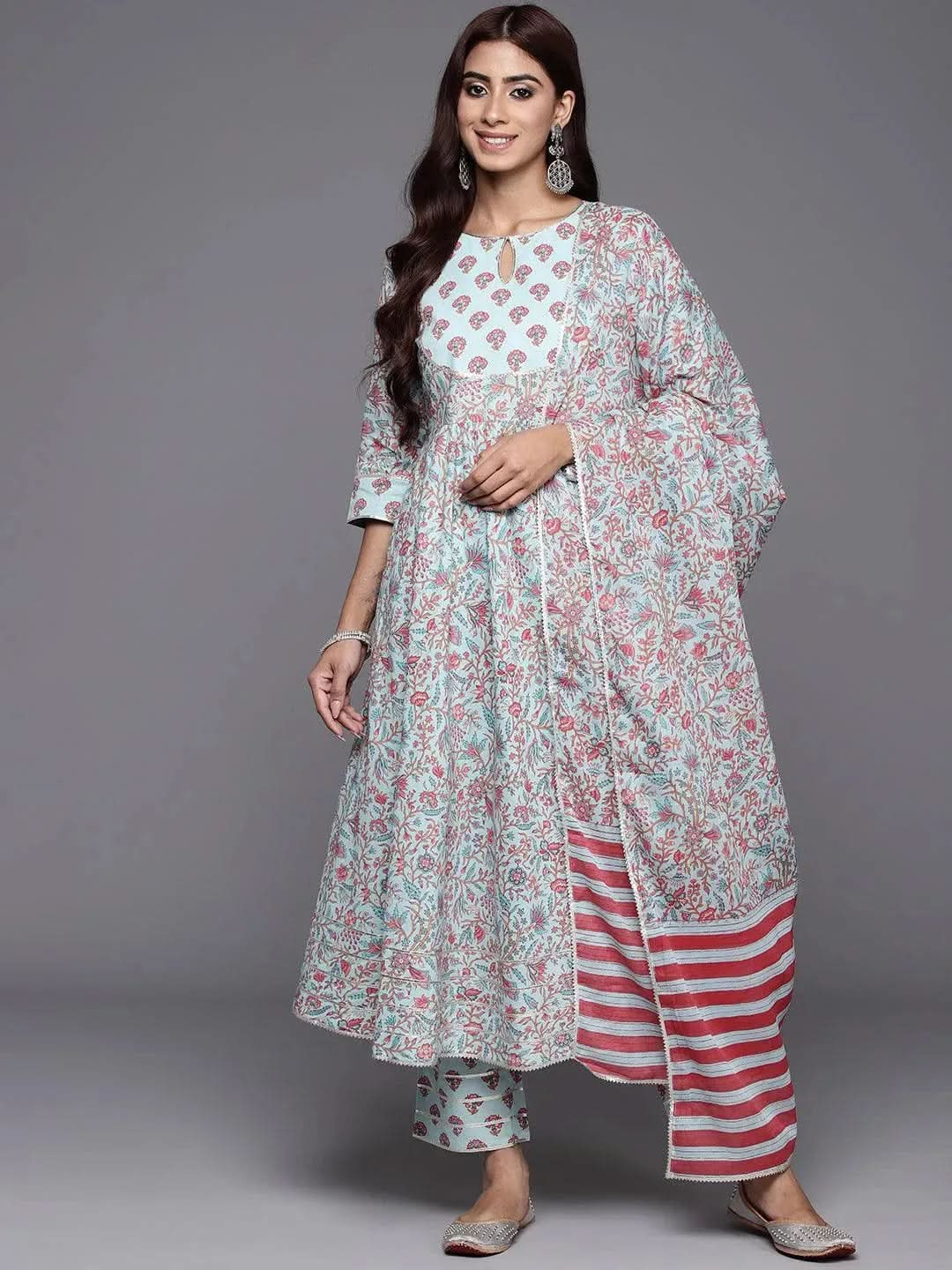 

Blue Yoke Design Cotton Anarkali Kurta With Trousers & Dupatta