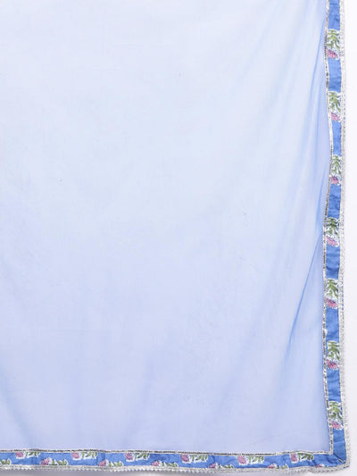 Blue Yoke Design Cotton Anarkali Kurta With Trousers & Dupatta - Libas