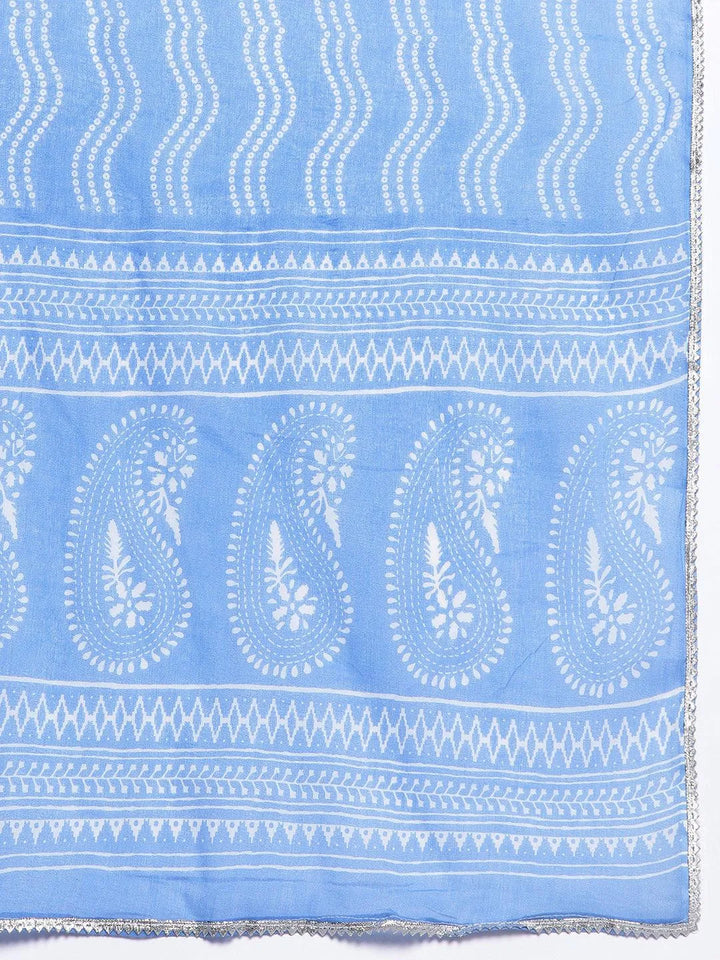 Blue Yoke Design Cotton Anarkali Kurta With Trousers & Dupatta - Libas