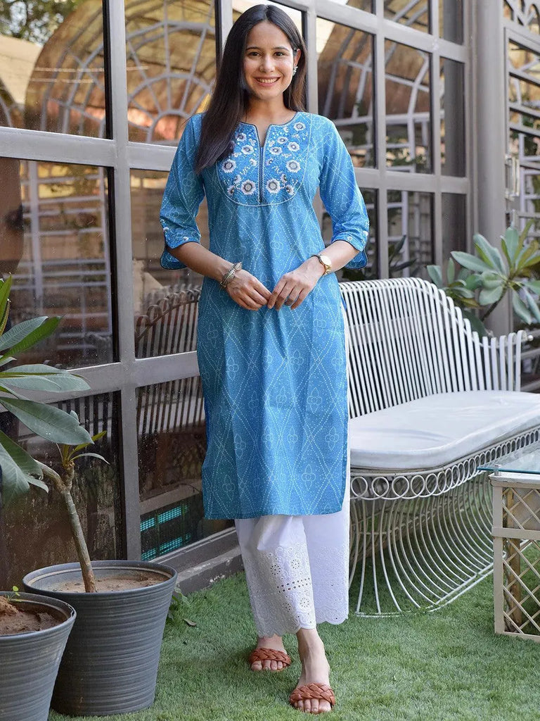Libas Blue Yoke Design Cotton Straight Kurta