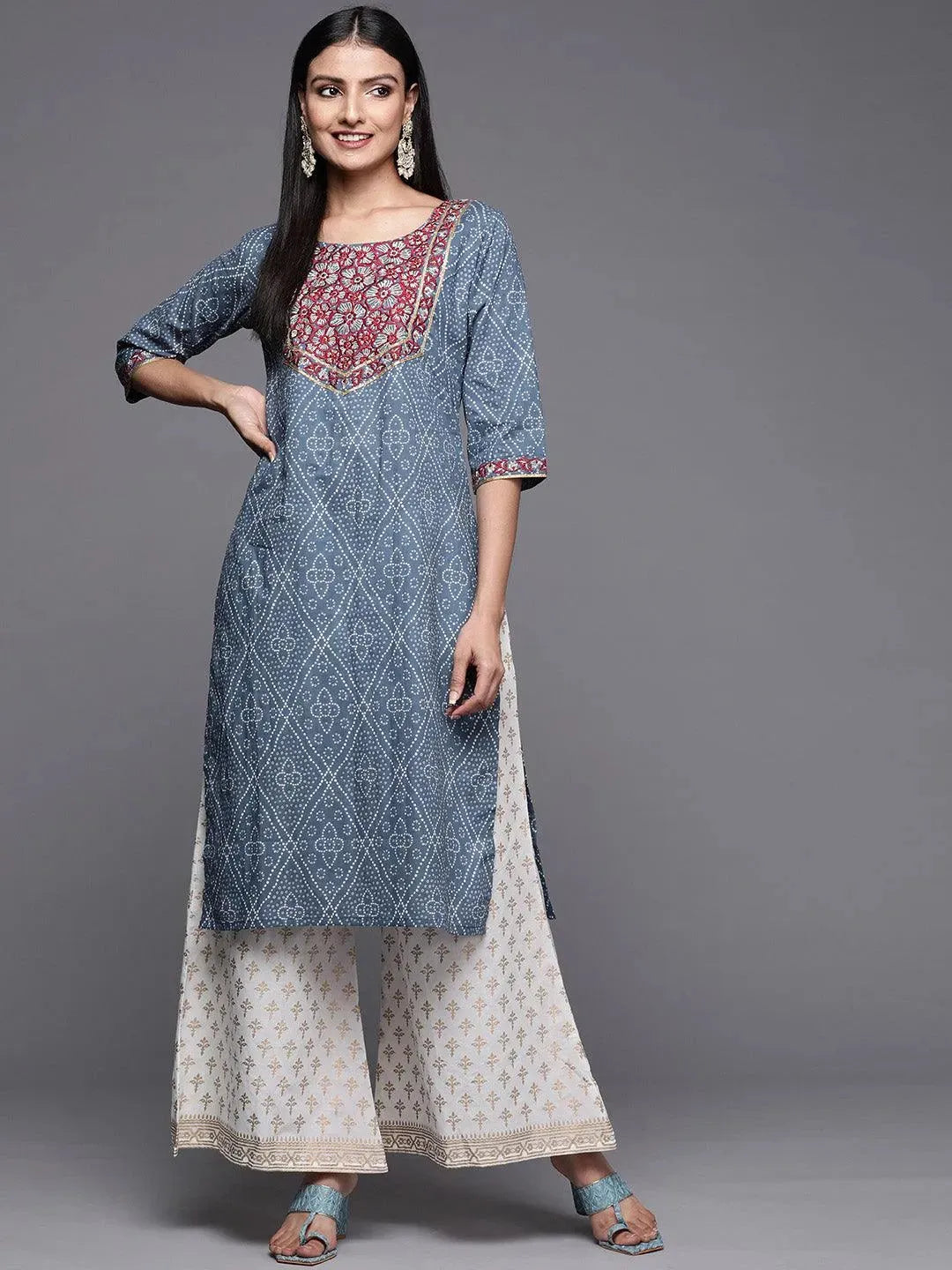 Blue Yoke Design Cotton Straight Kurta - Libas 
