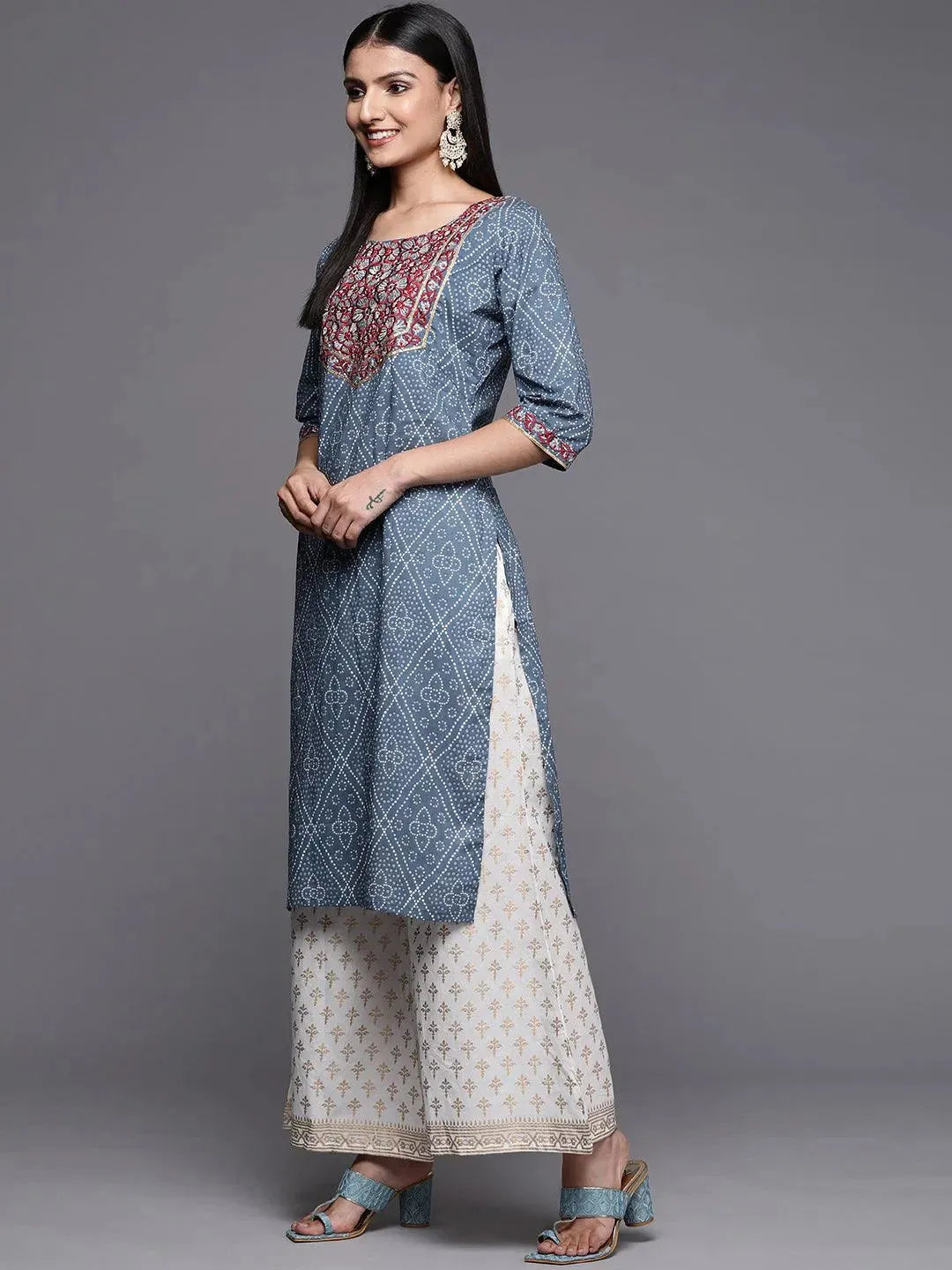 Blue Yoke Design Cotton Straight Kurta - Libas 