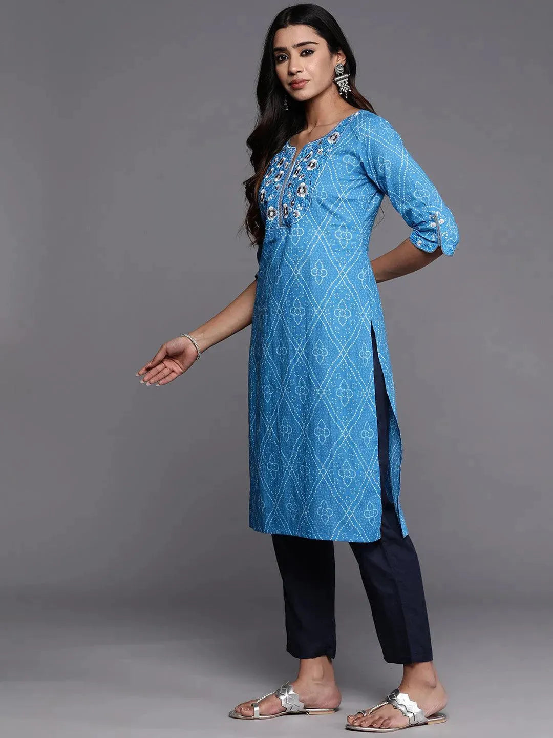 Blue Yoke Design Cotton Straight Kurta - Libas 
