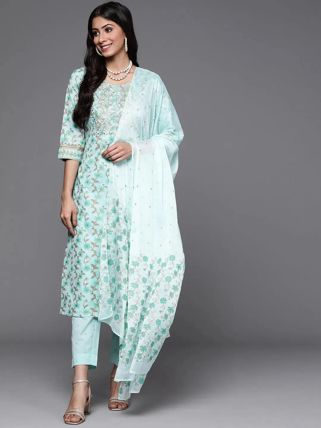 Blue Yoke Design Cotton Suit Set - Libas