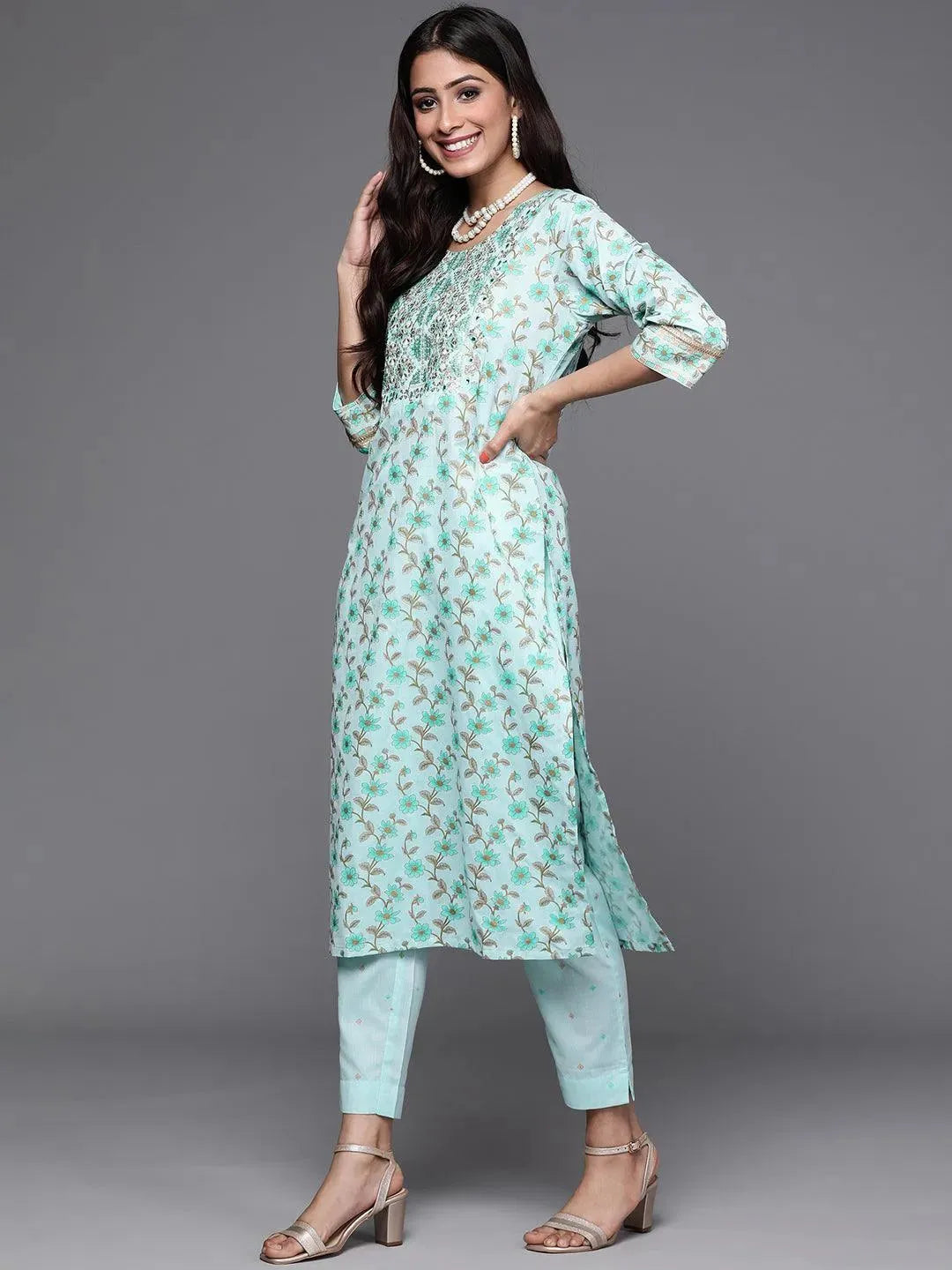 Blue Yoke Design Cotton Suit Set - Libas