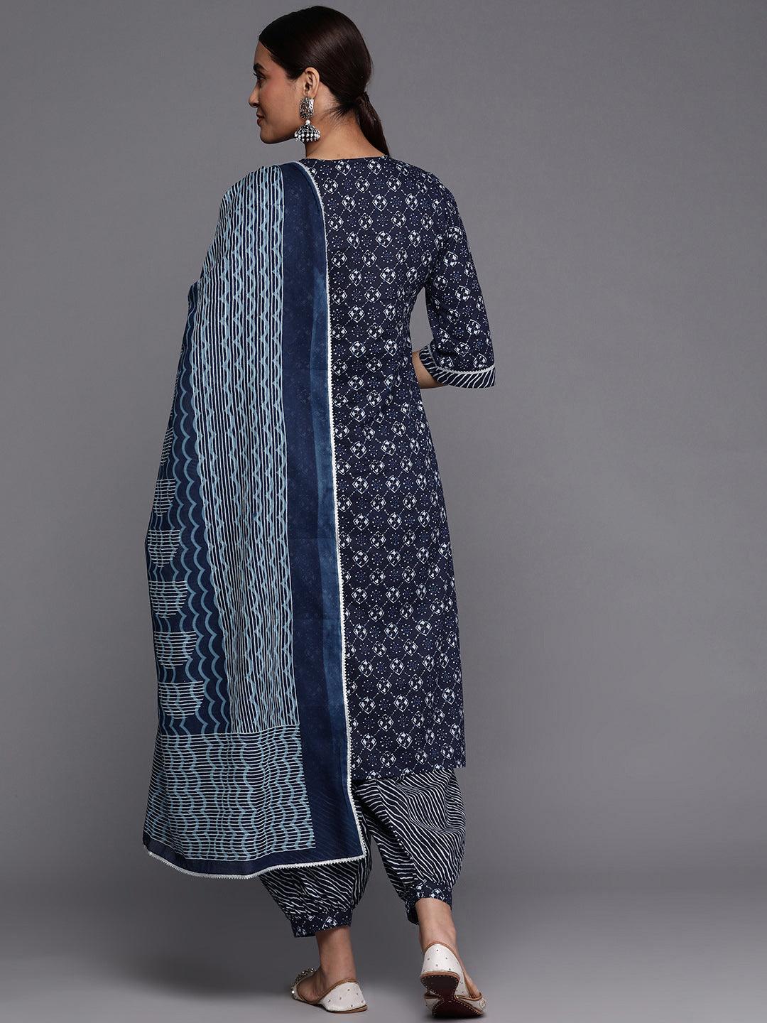 Blue Yoke Design Cotton Straight Kurta With Salwar & Dupatta - Libas