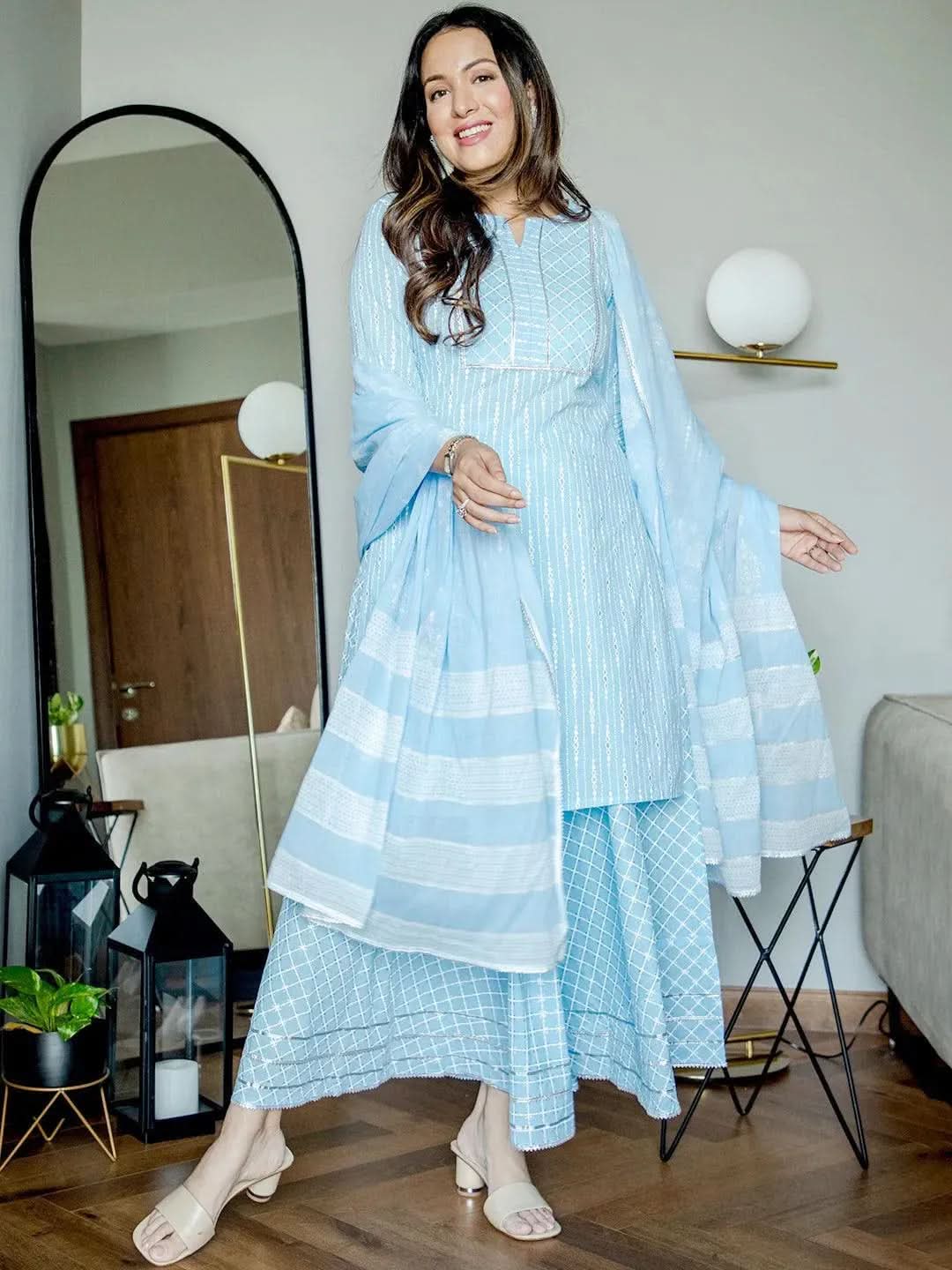 

Blue Yoke Design Cotton Straight Kurta With Skirt & Dupatta