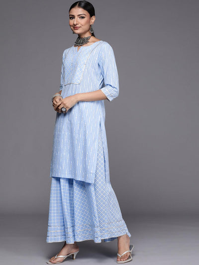 Blue Yoke Design Cotton Straight Suit Set - Libas