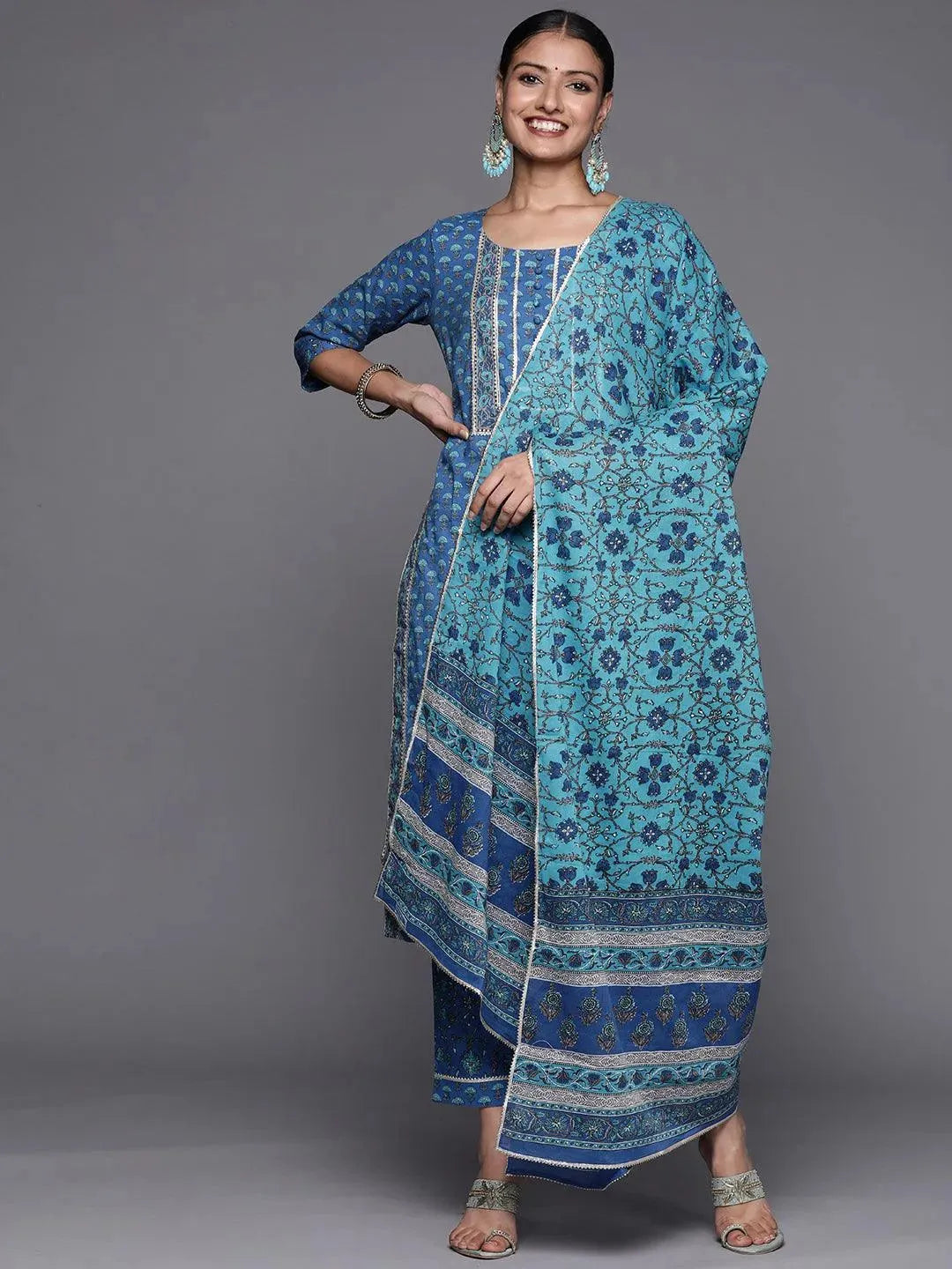 Blue Yoke Design Cotton Straight Suit Set - Libas