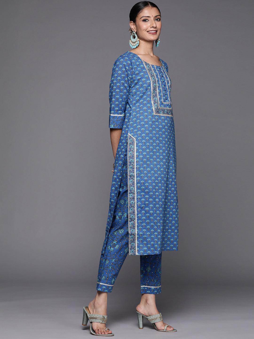Blue Yoke Design Cotton Straight Suit Set - Libas