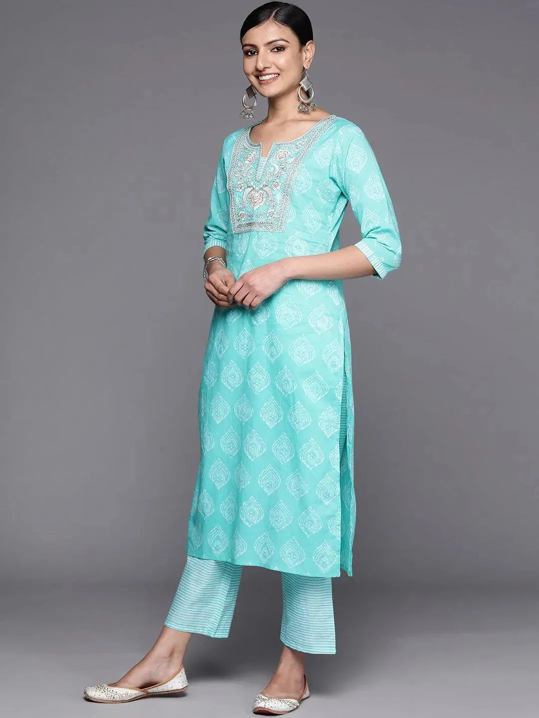 Blue Yoke Design Cotton Straight Suit Set With Trousers - Libas 
