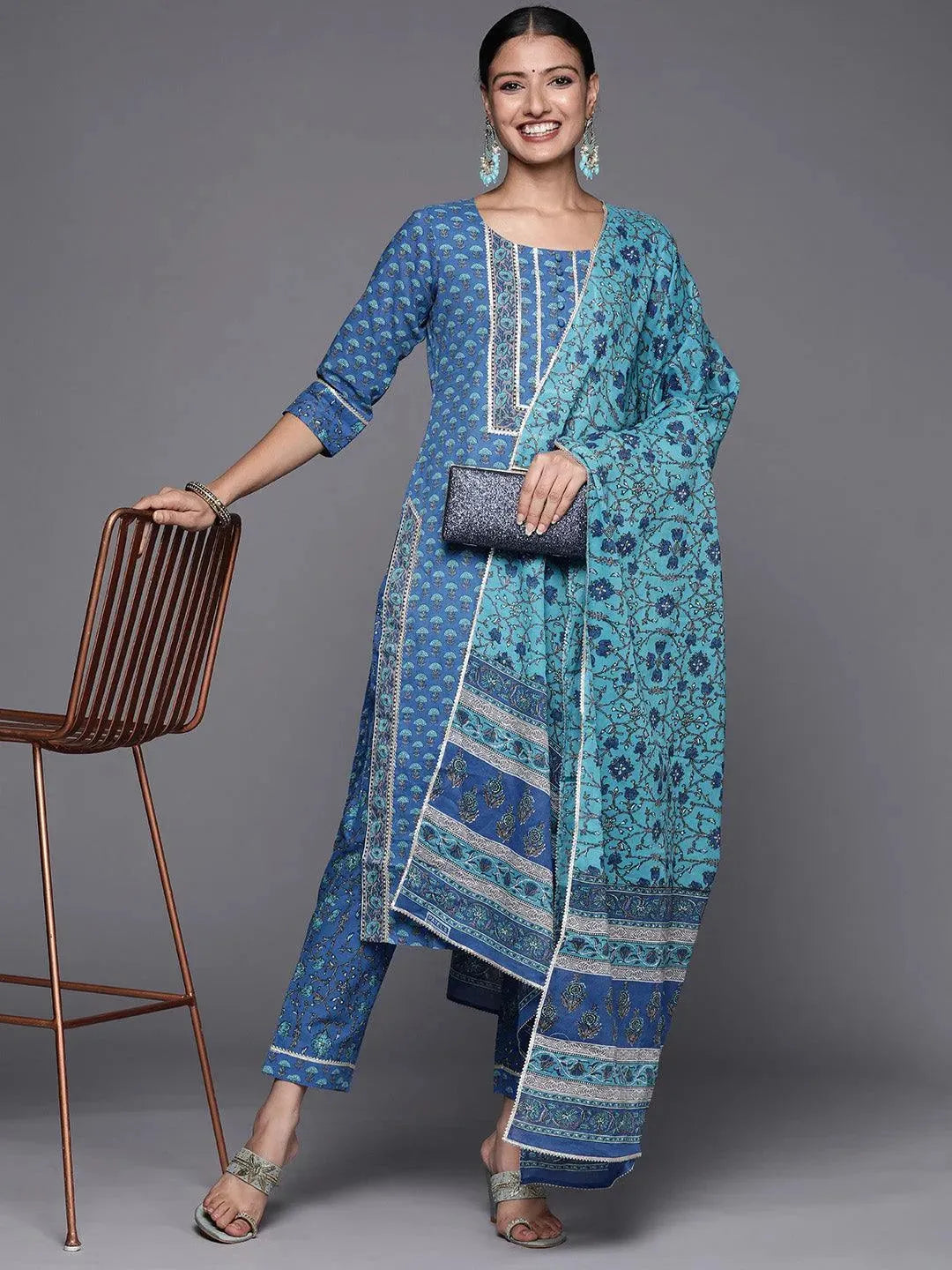 Blue Yoke Design Cotton Straight Suit Set - Libas 