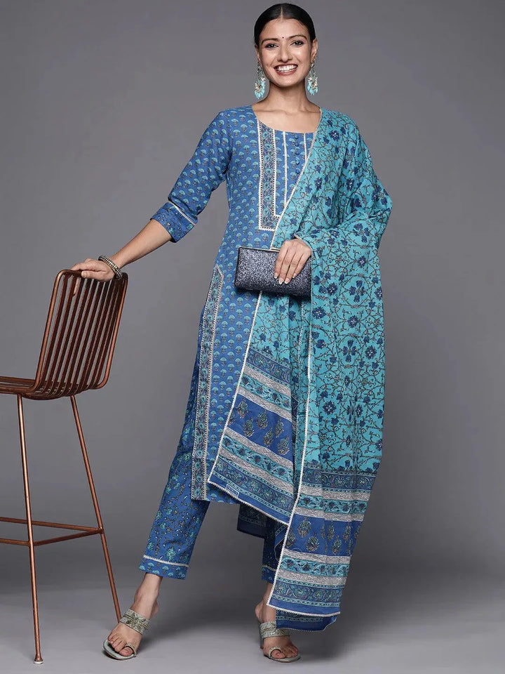 Blue Yoke Design Cotton Straight Suit Set - Libas