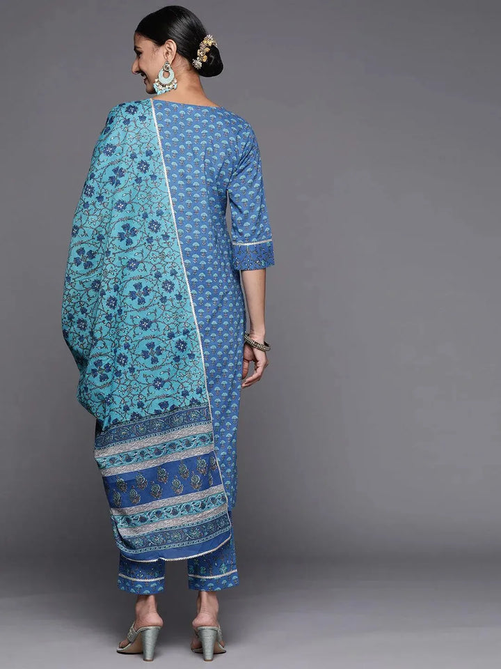 Blue Yoke Design Cotton Straight Suit Set - Libas