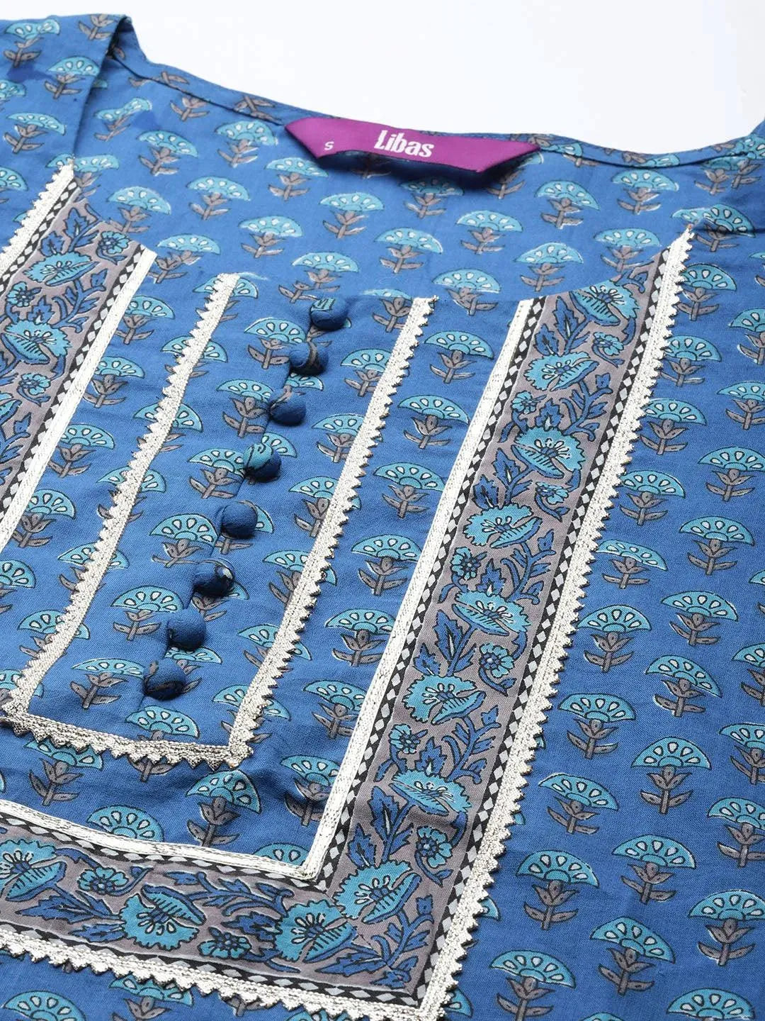Blue Yoke Design Cotton Straight Suit Set - Libas 