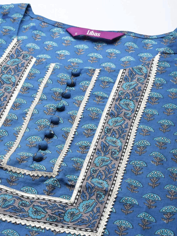 Blue Yoke Design Cotton Straight Suit Set - Libas