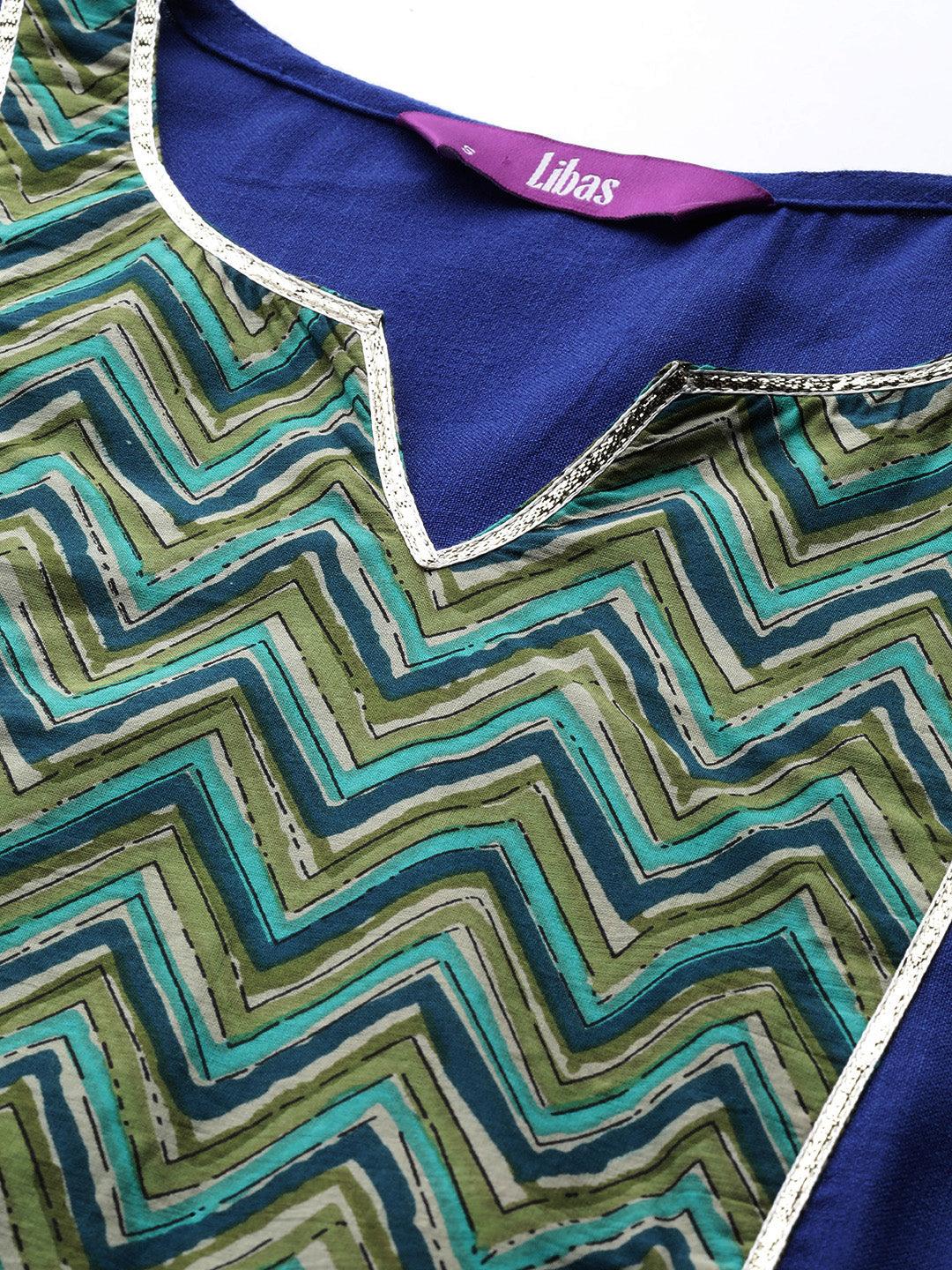 Blue Yoke Design Cotton Straight Suit Set With Trousers - Libas