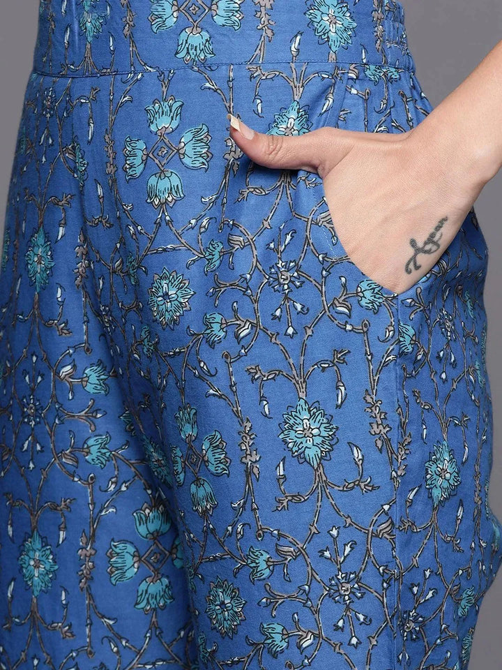 Blue Yoke Design Cotton Straight Suit Set - Libas