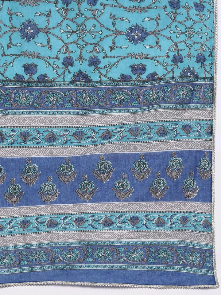 Blue Yoke Design Cotton Straight Suit Set - Libas