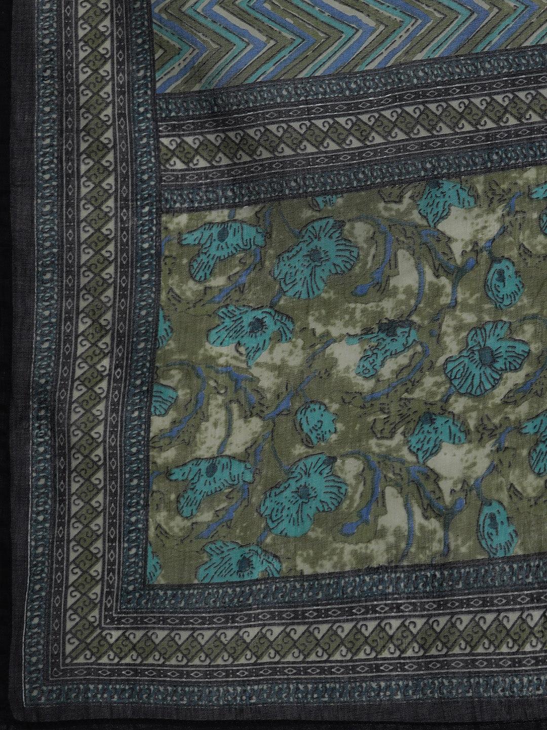 Blue Yoke Design Cotton Straight Kurta With Trousers & Dupatta