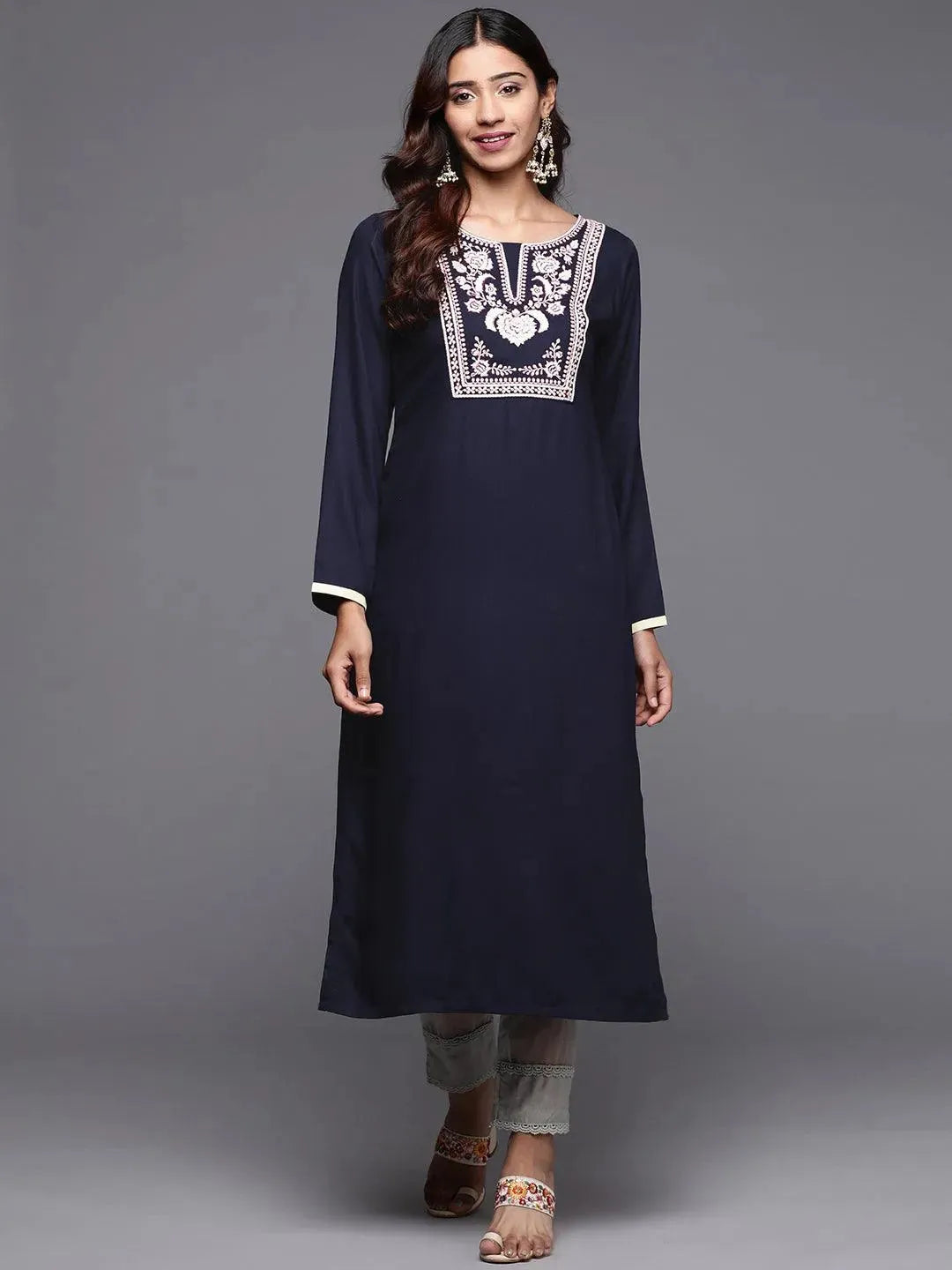 Blue Yoke Design Pashmina Wool Straight Kurta - Libas 