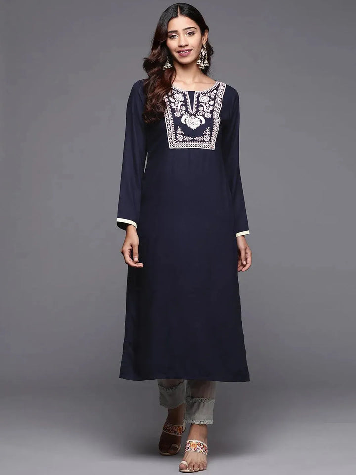 Blue Yoke Design Pashmina Wool Straight Kurta - Libas