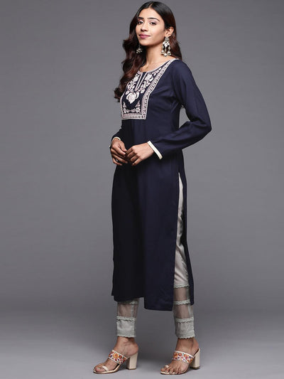 Blue Yoke Design Pashmina Wool Straight Kurta - Libas