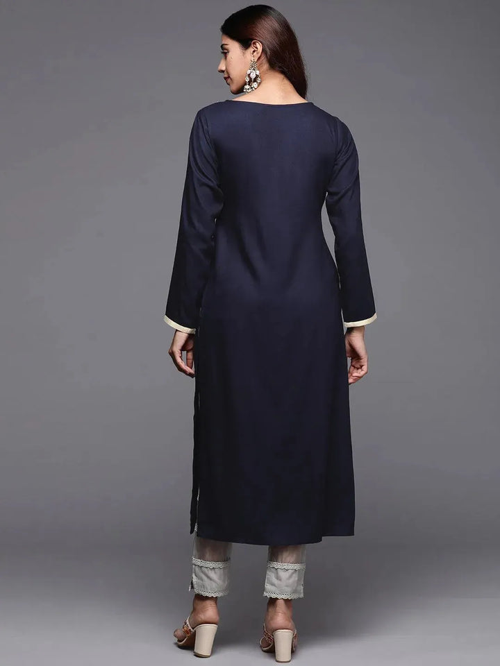 Blue Yoke Design Pashmina Wool Straight Kurta - Libas