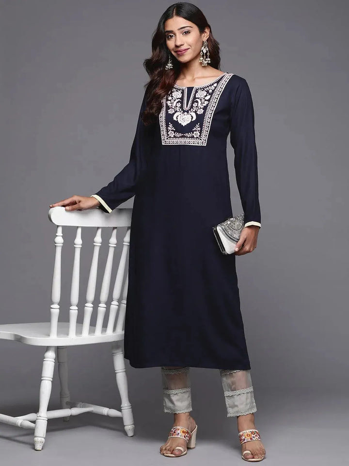 Blue Yoke Design Pashmina Wool Straight Kurta - Libas