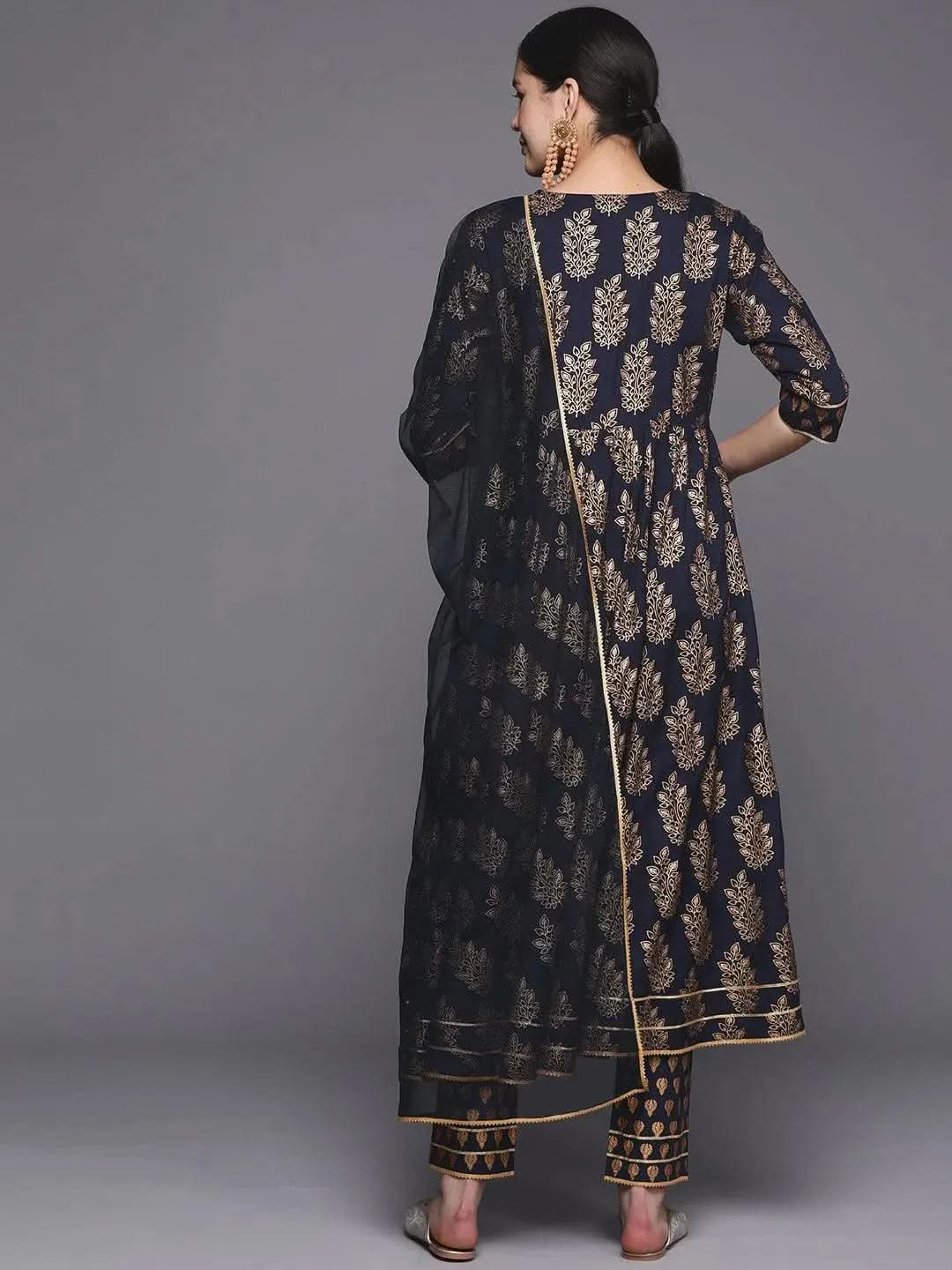 

Blue Yoke Design Rayon Anarkali Kurta With Trousers & Dupatta