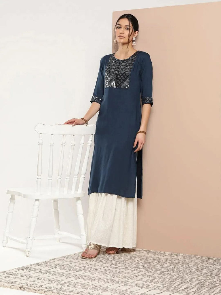 Libas Blue Yoke Design Rayon Straight Kurta