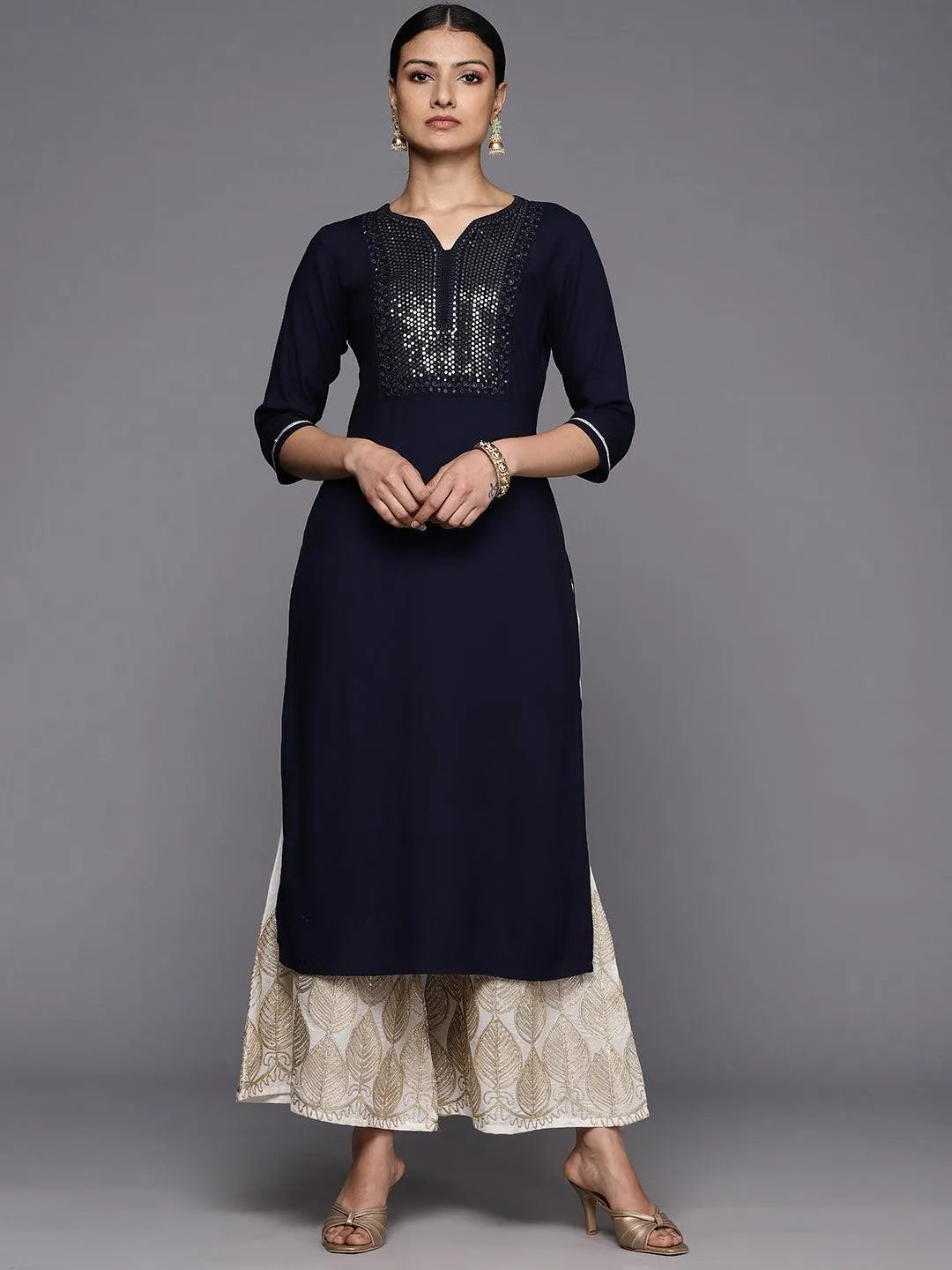 Blue Yoke Design Rayon Straight Kurta - Libas