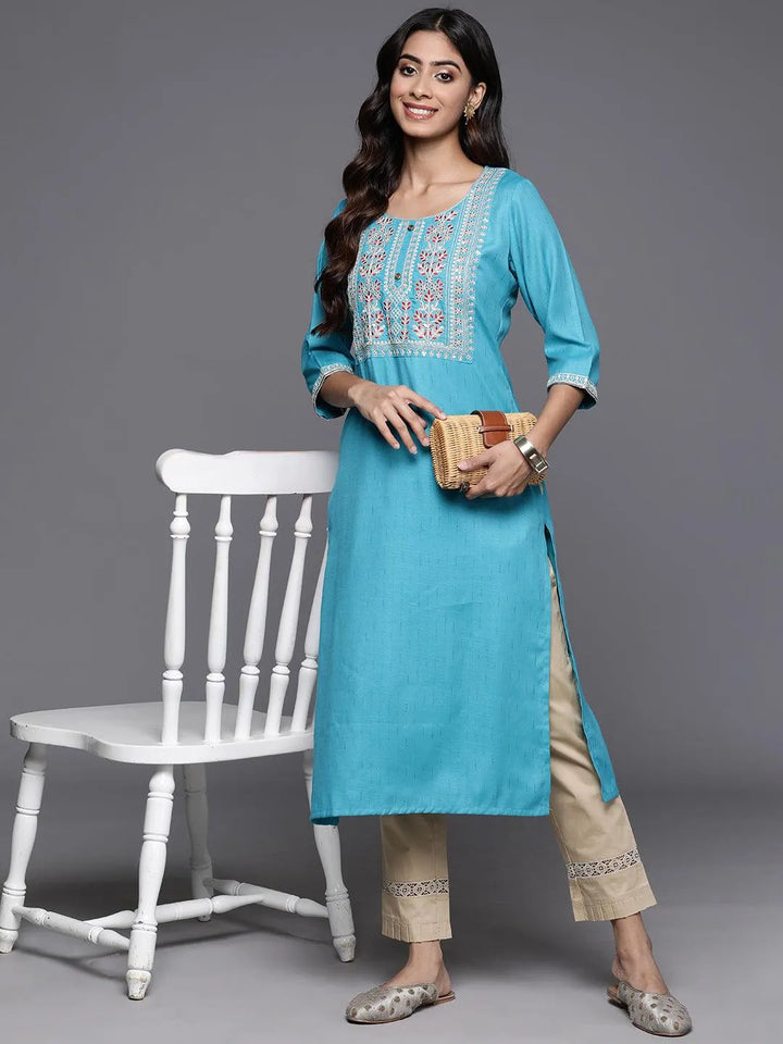 Blue Yoke Design Rayon Straight Kurta - Libas
