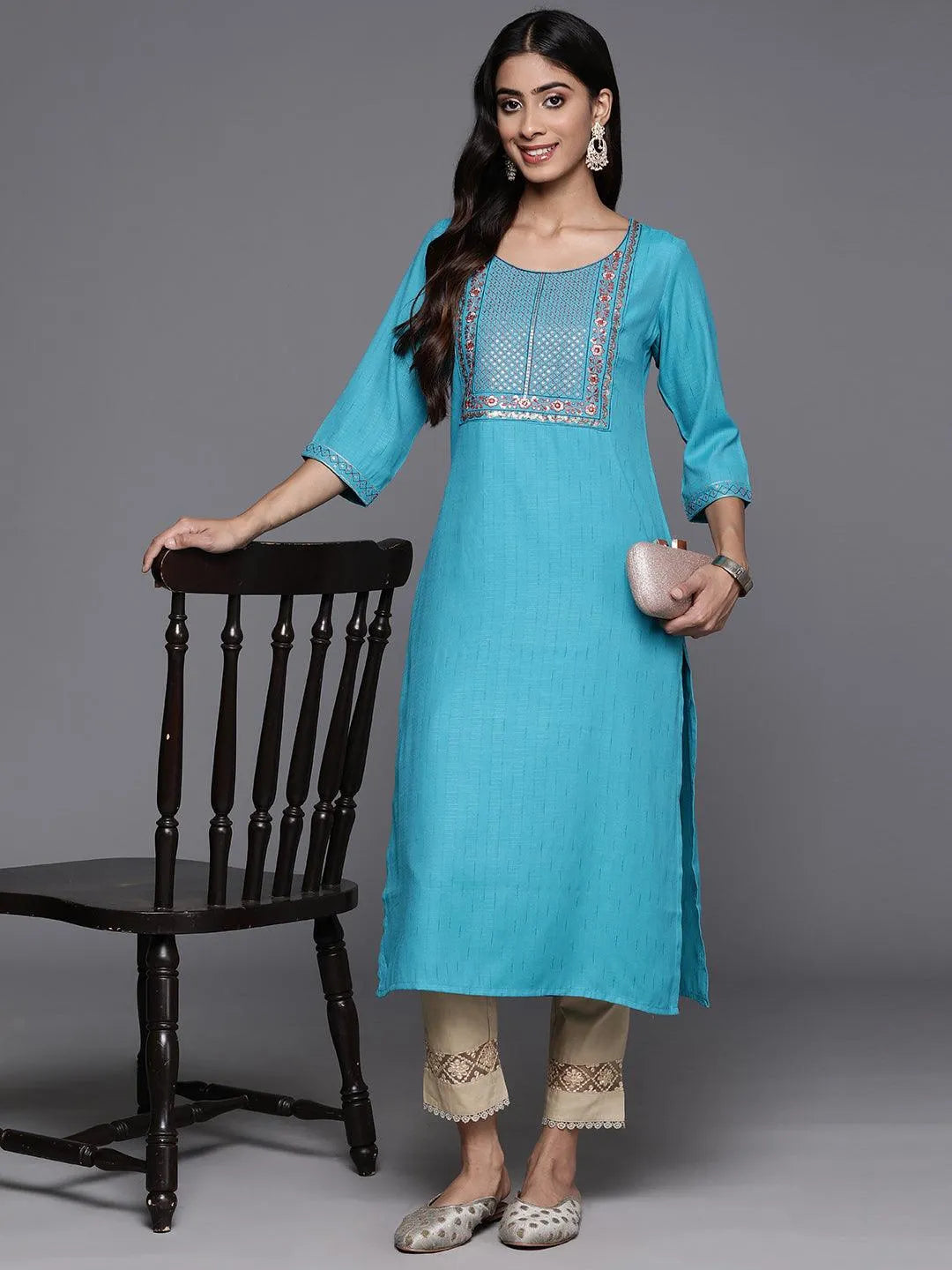 Blue Yoke Design Rayon Straight Kurta - Libas 