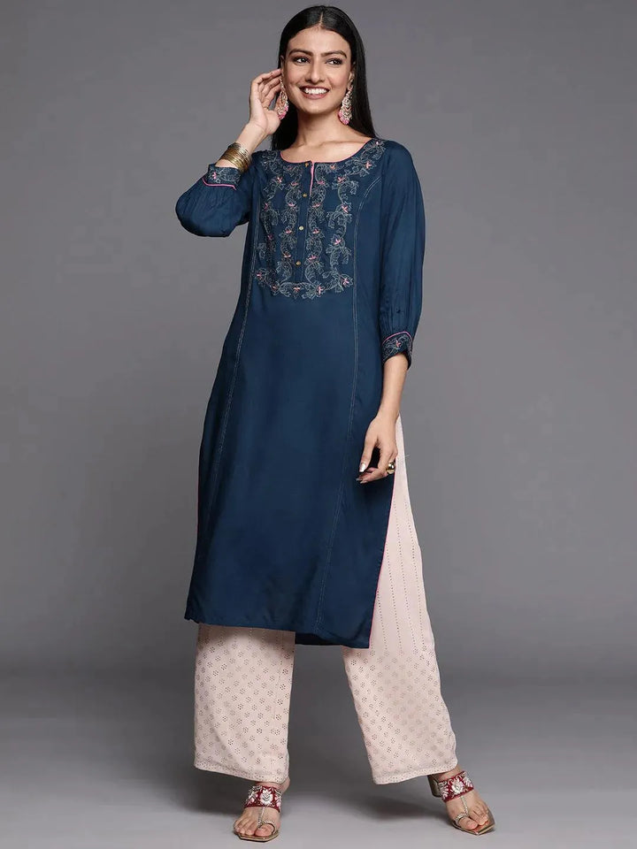 Blue Yoke Design Rayon Straight Kurta - Libas