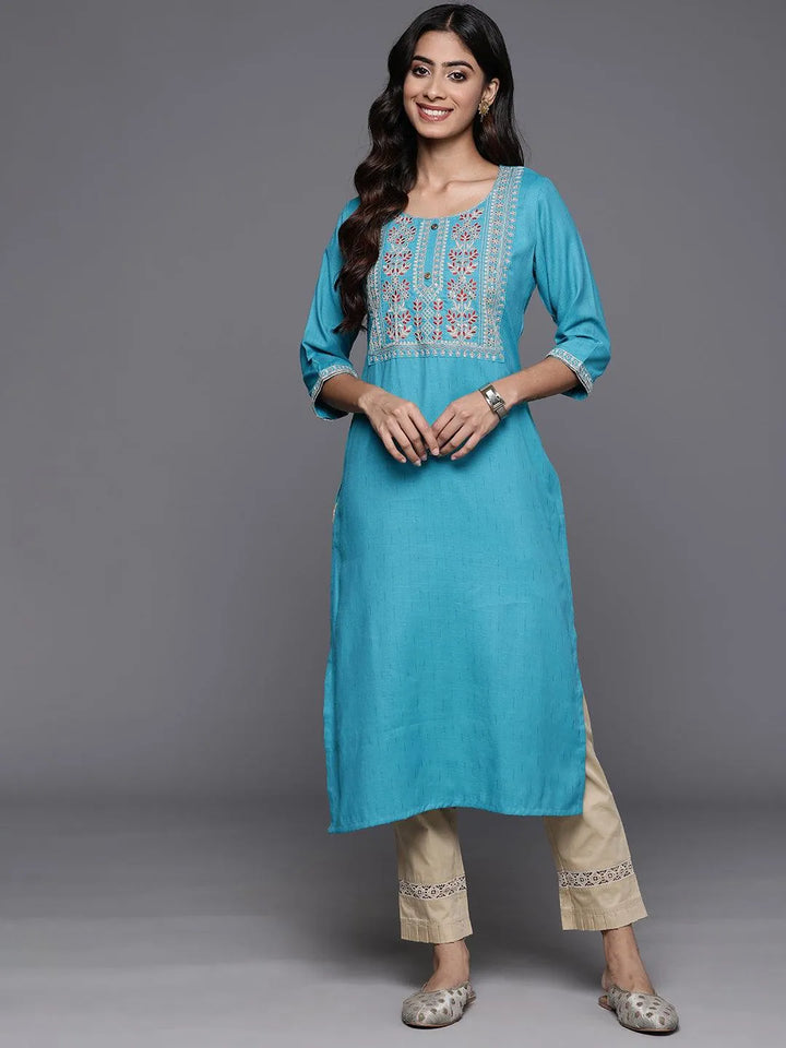 Blue Yoke Design Rayon Straight Kurta - Libas