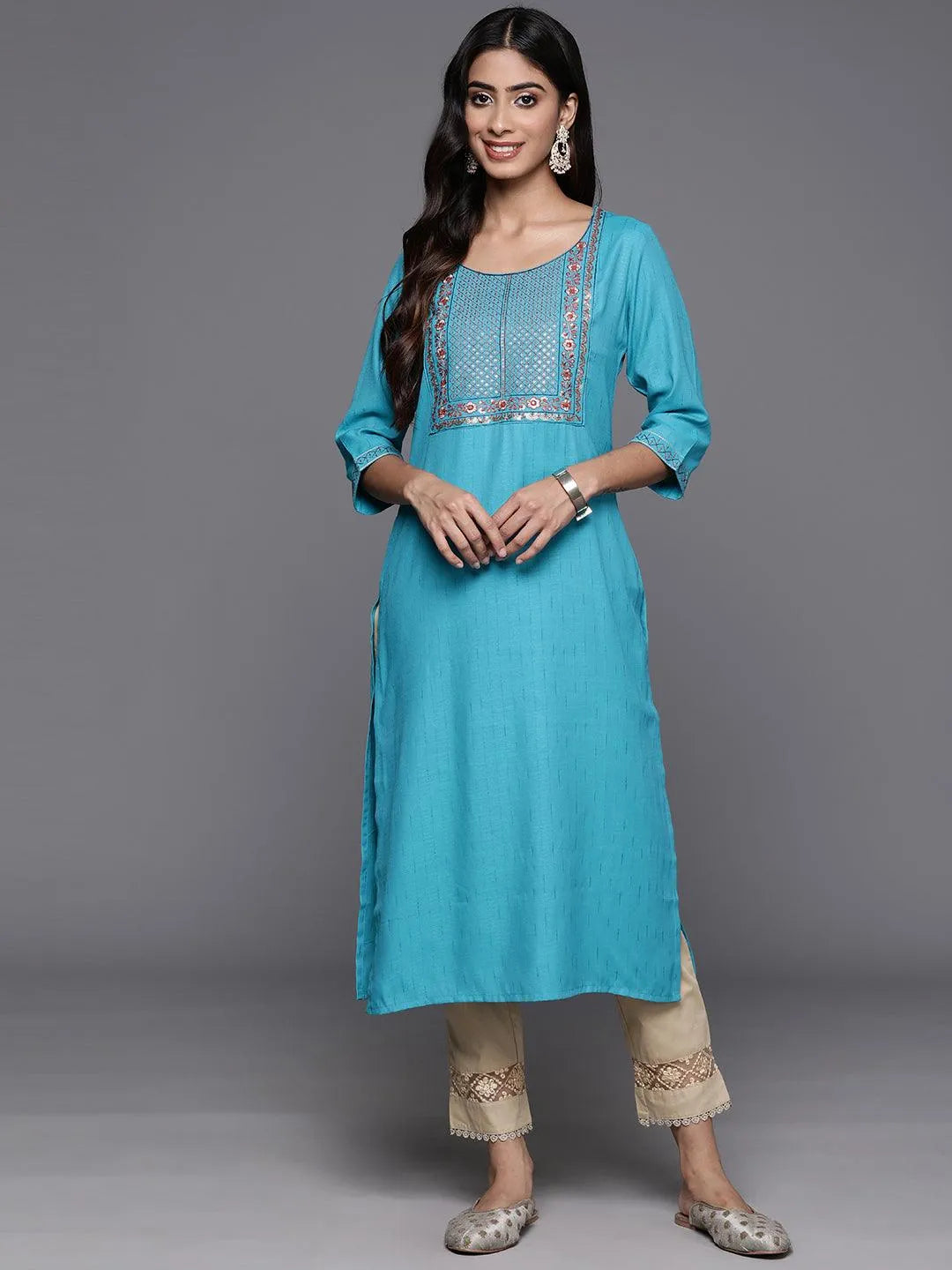 Blue Yoke Design Rayon Straight Kurta - Libas 