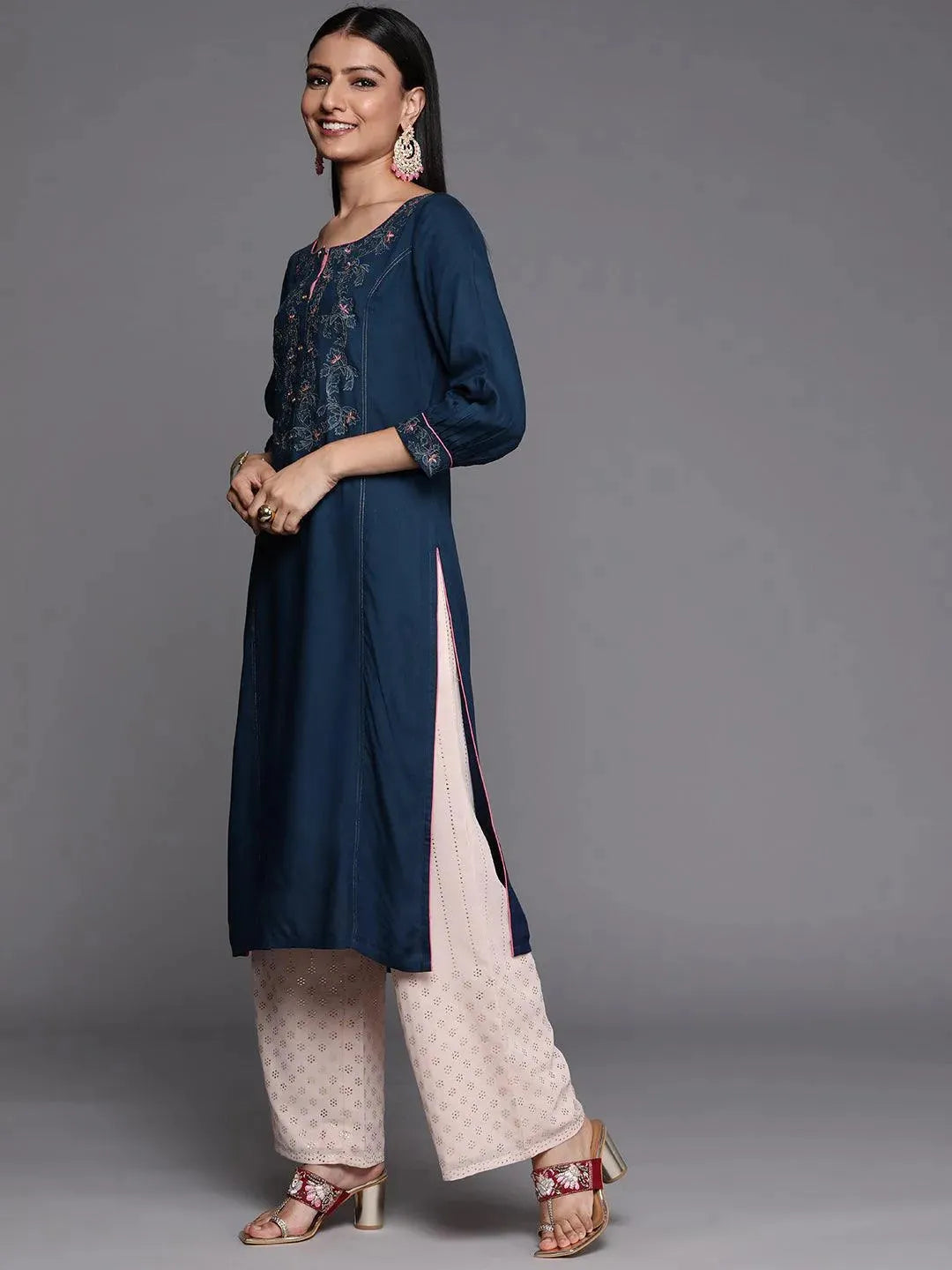 Blue Yoke Design Rayon Straight Kurta - Libas 