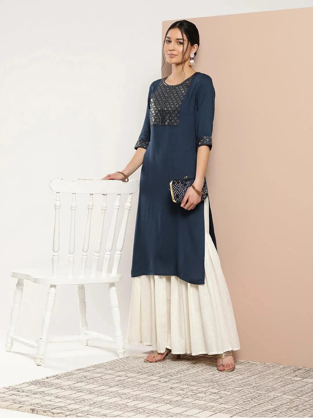 Blue Yoke Design Rayon Straight Kurta - Libas 