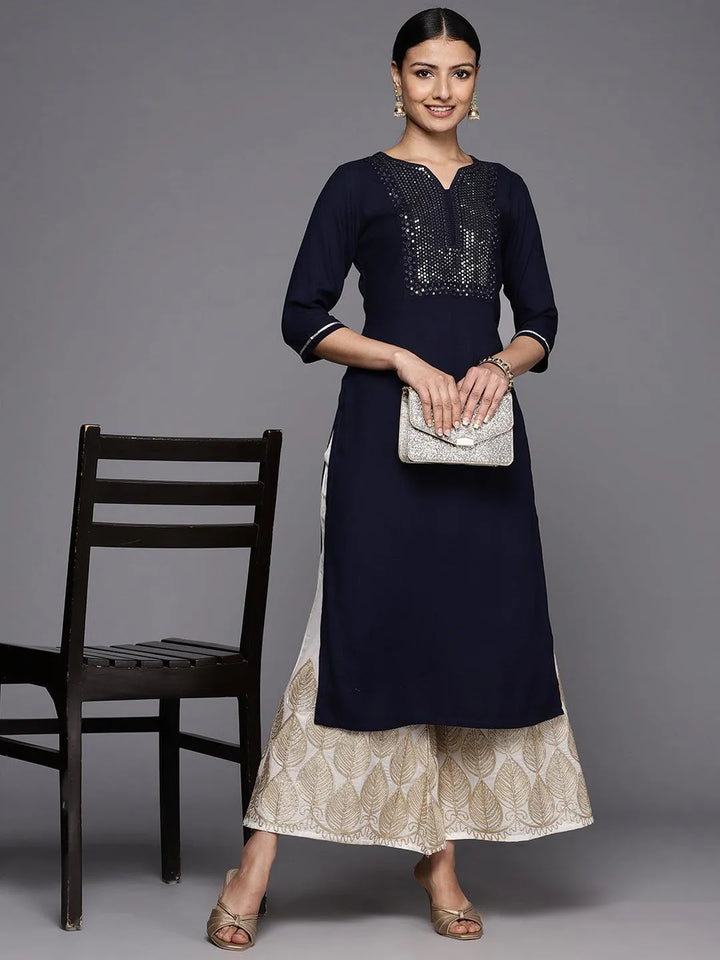 Blue Yoke Design Rayon Straight Kurta - Libas