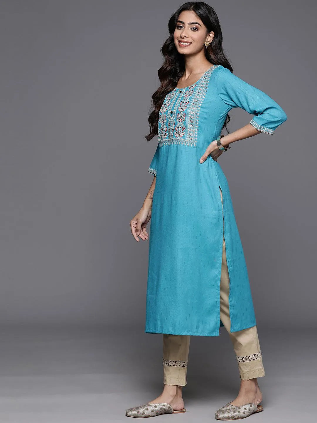 Blue Yoke Design Rayon Straight Kurta - Libas 