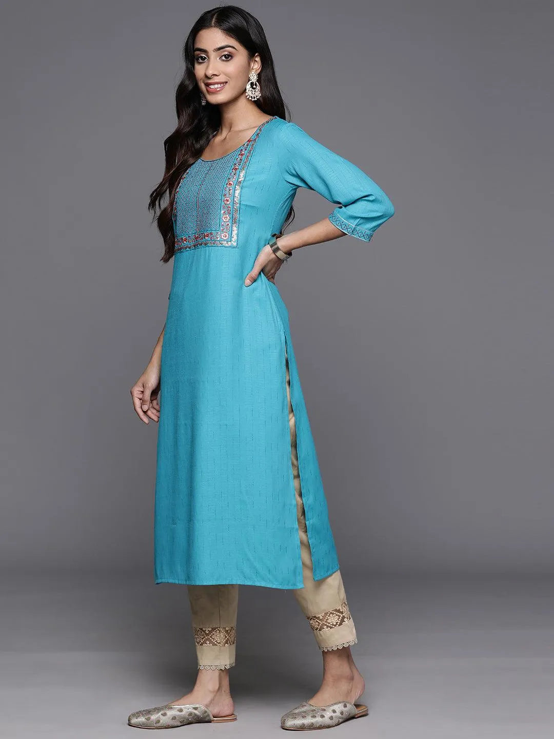 Blue Yoke Design Rayon Straight Kurta - Libas 