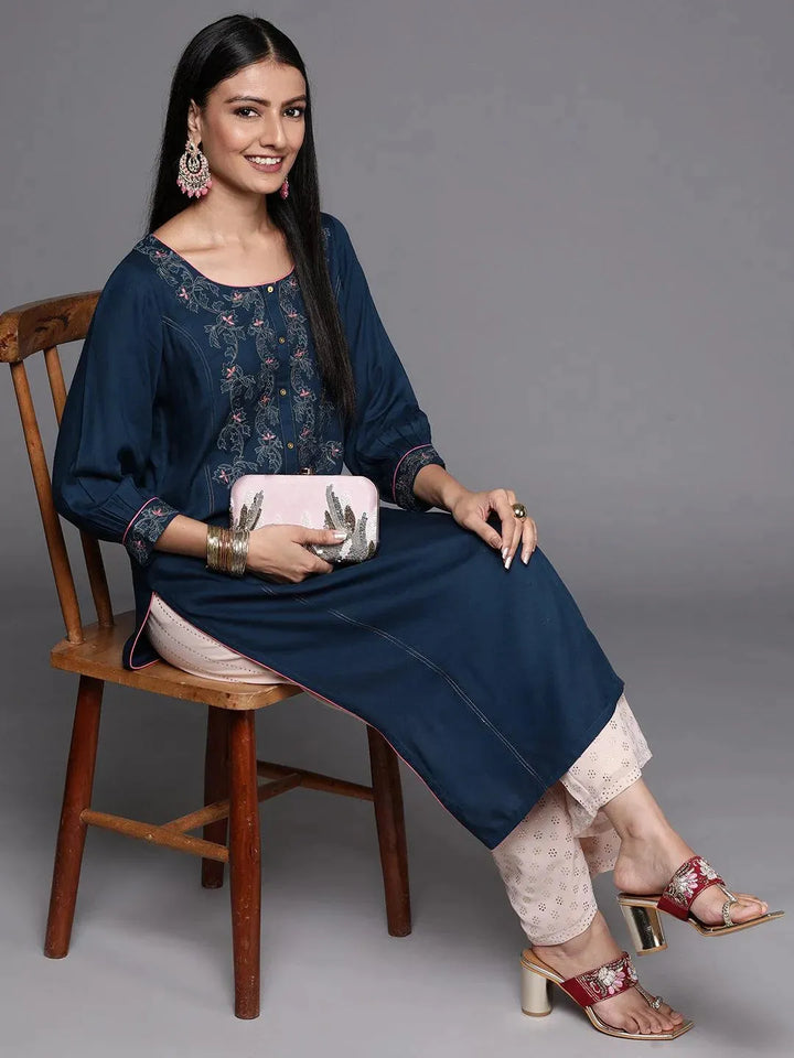 Blue Yoke Design Rayon Straight Kurta - Libas